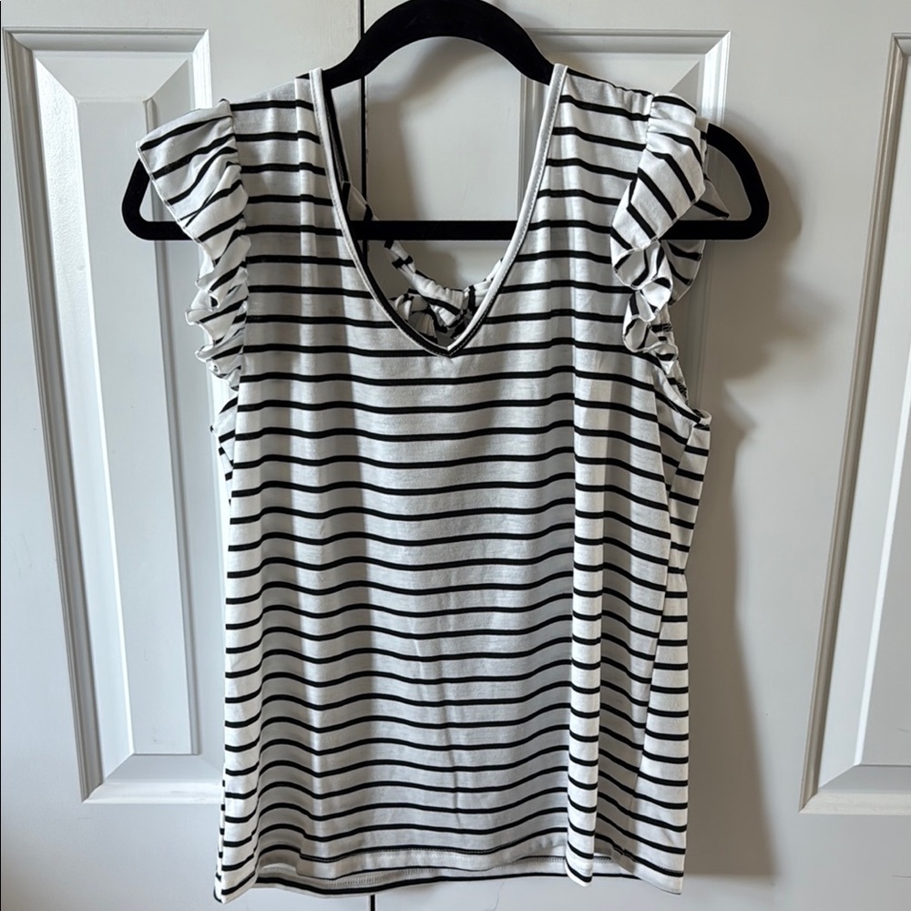 Striped Ruffle Sleeve Top - Black & White